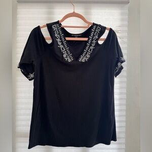 Adrianna Papell Black Cold Shoulder Blouse with White Embroidery.